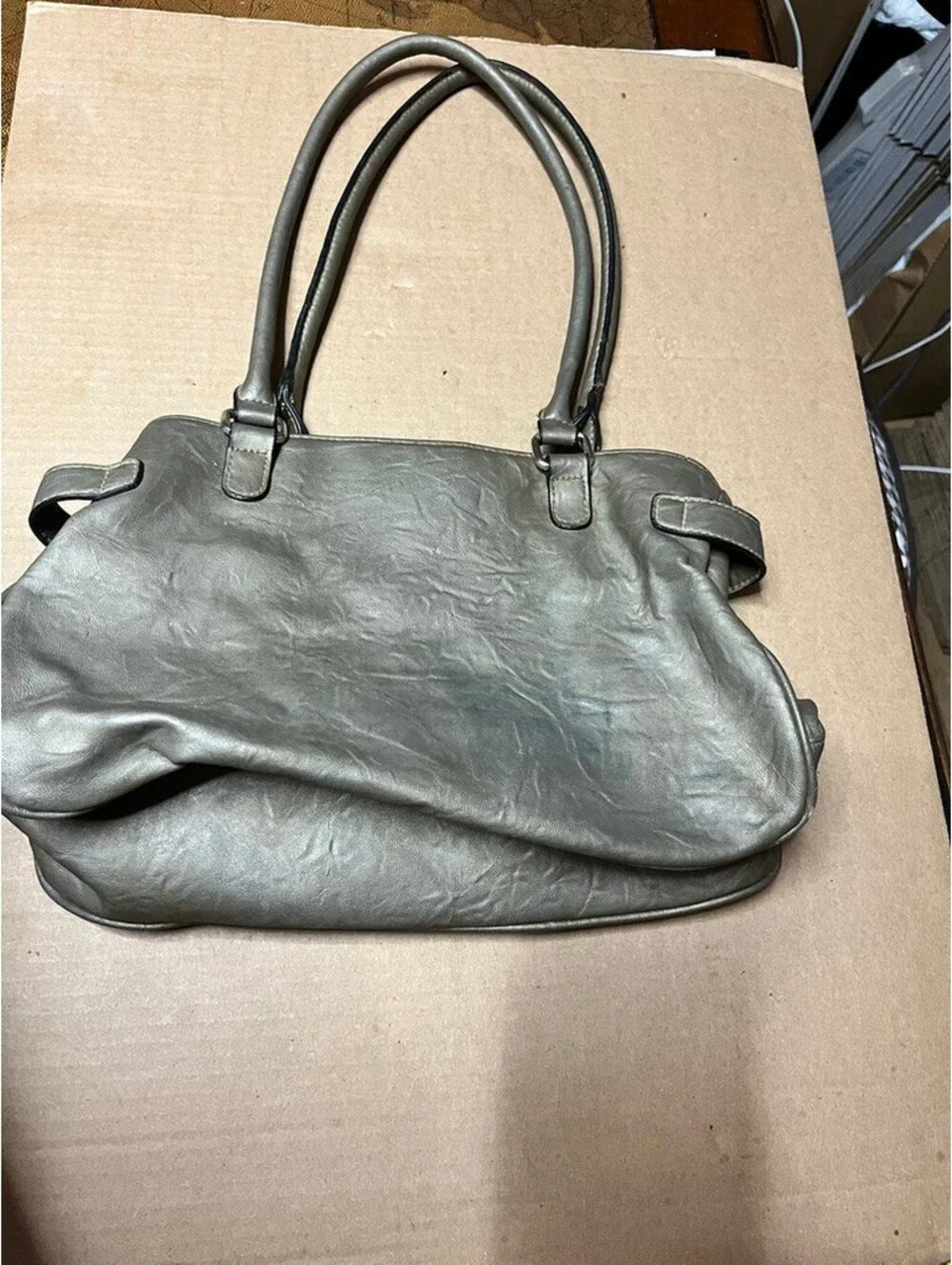 Vintage Chic Metallic Pewter Hobo Shoulder Bag Multi-Pocket Purse
